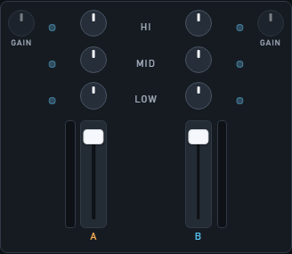 StentorDecks mixer column with channel faders, EQ and VU meters