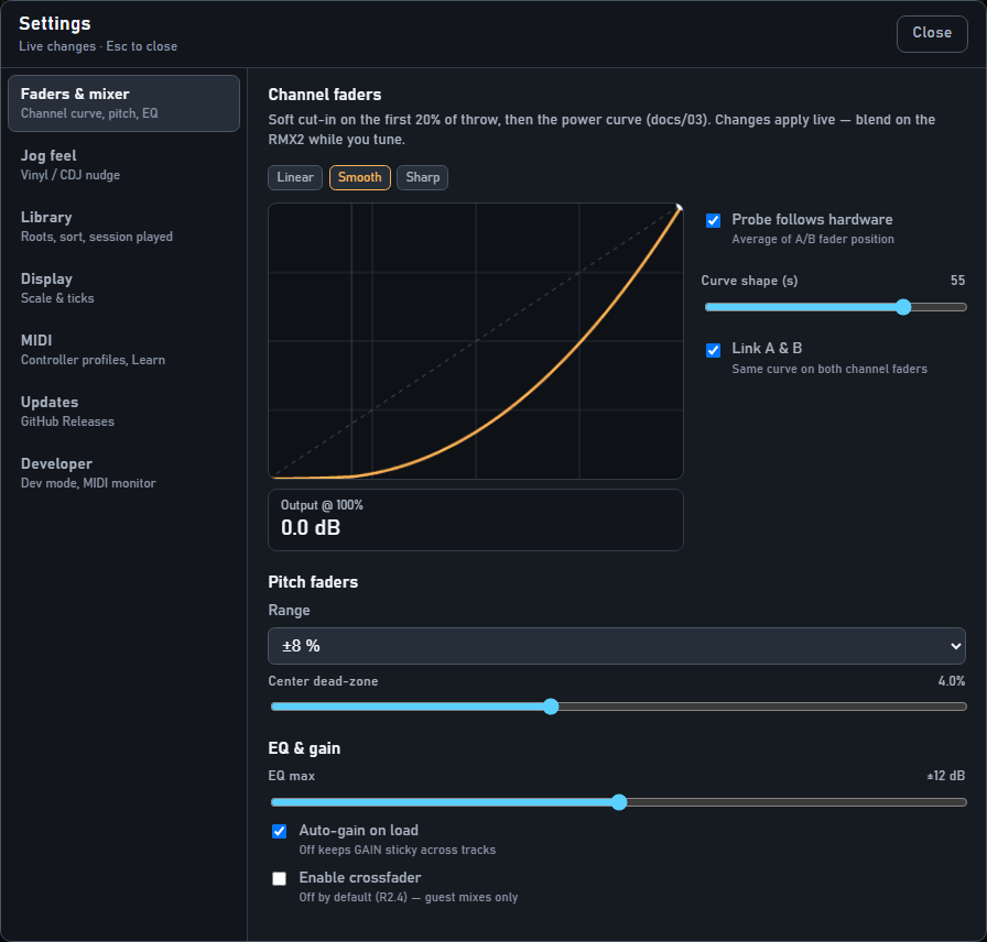 StentorDecks settings: channel fader curves, pitch range, EQ and gain — applied live