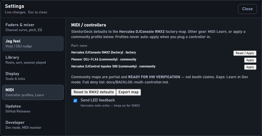 StentorDecks MIDI settings with controller profiles and Learn
