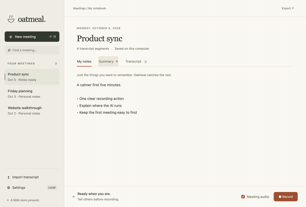 Oatmeal demo moving from personal notes to the You/Room transcript and then to a concise meeting summary.
