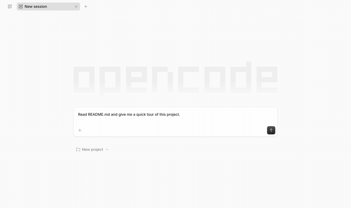 Publik Code demo: enter a prompt, watch OpenCode read a local README, and see the answer.