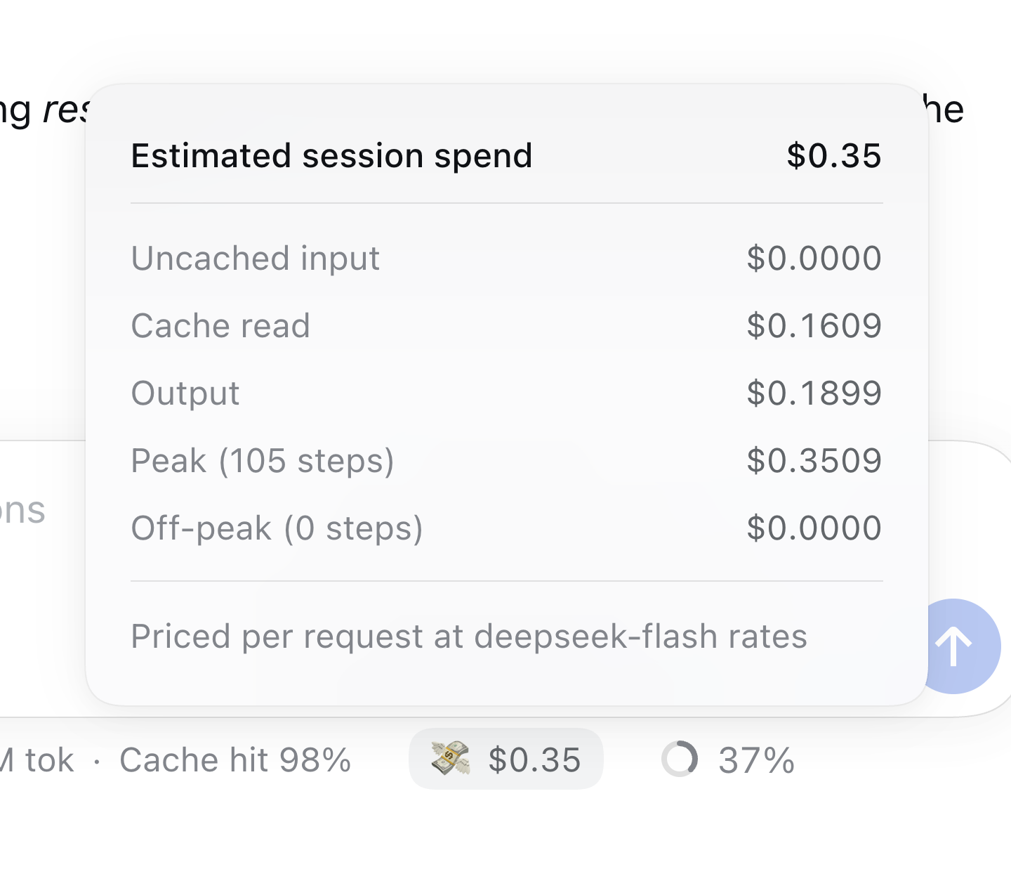 The cost breakdown panel open above the pill