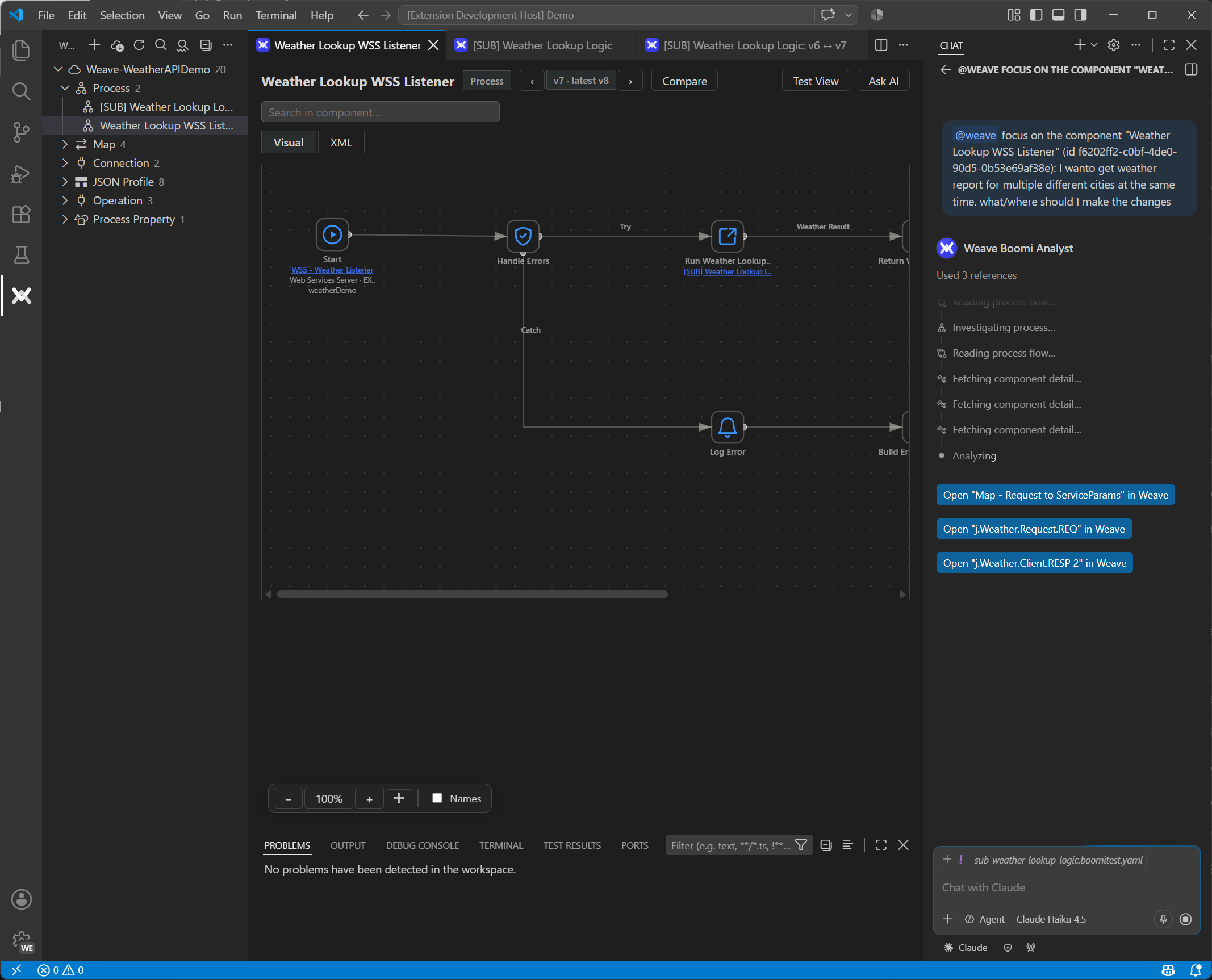 The Ask AI side panel: a question about getting weather for multiple cities at once; the Weave Boomi Analyst reports it used three references, lists its steps, and offers buttons to open the Map, request profile and response profile components in Weave.