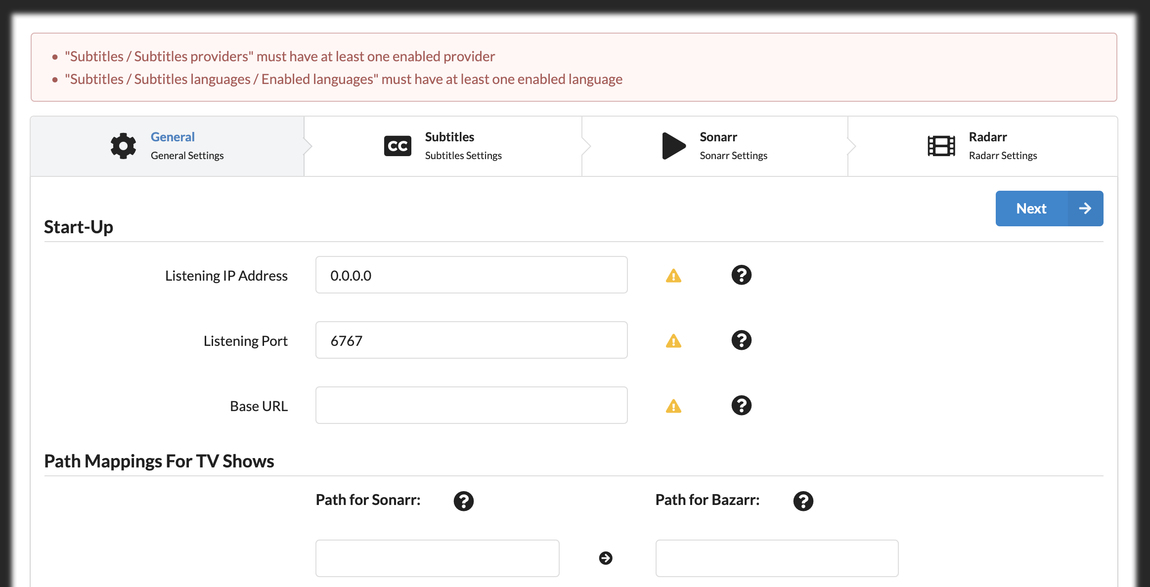 Bazarr configuration