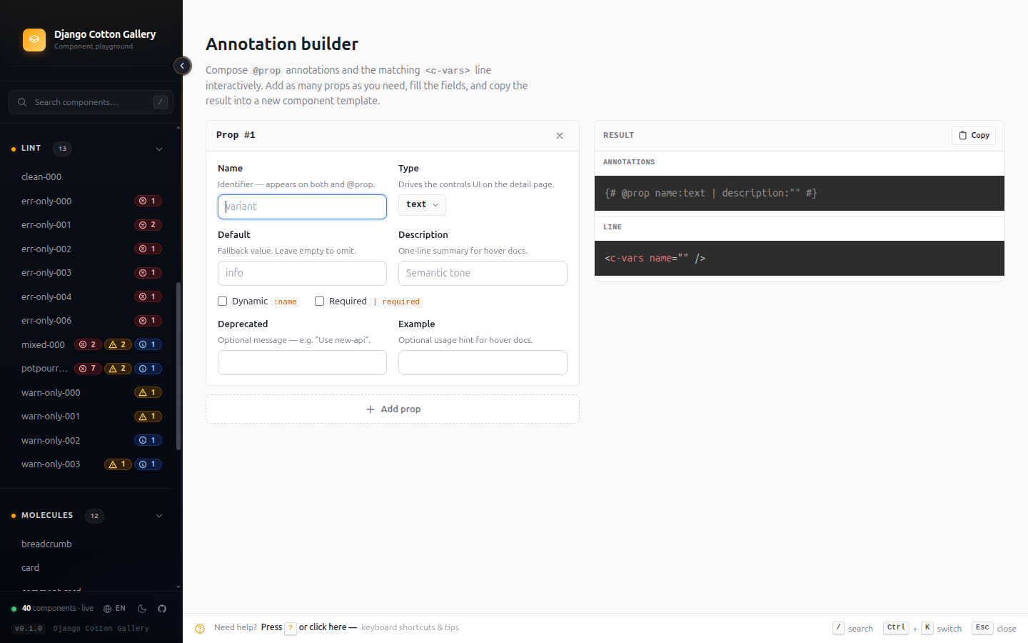 Annotation builder — interactive @prop composer with live output