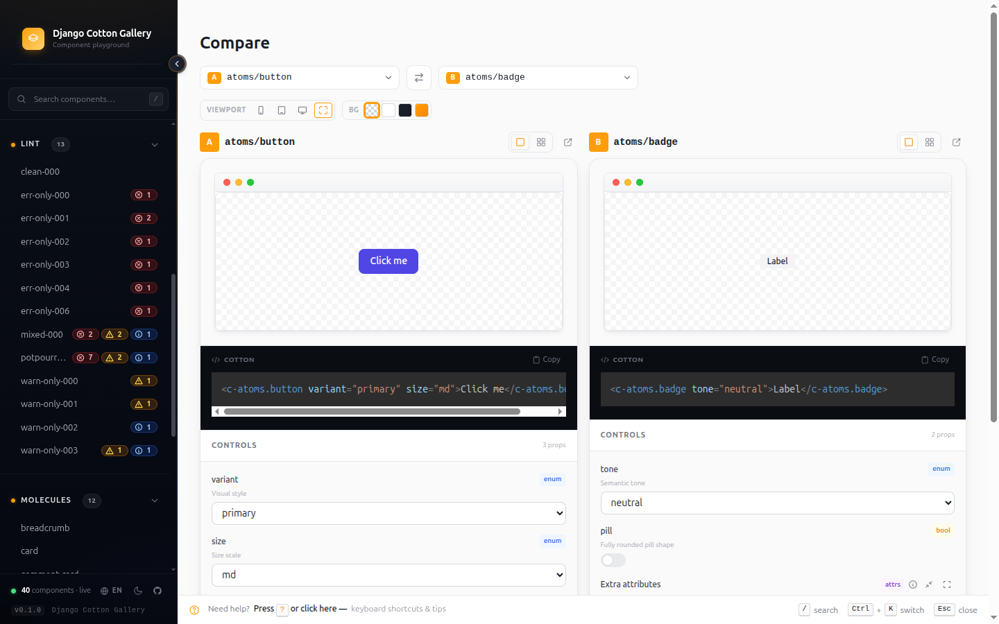Compare view — two components side-by-side with independent controls
