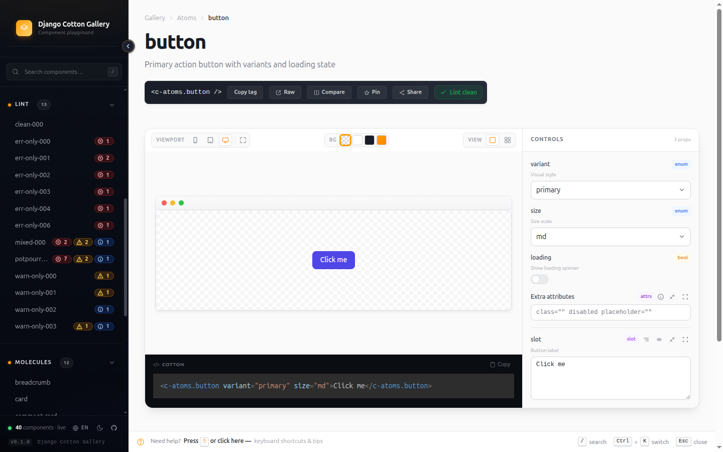 Component detail: preview, controls, source, slots