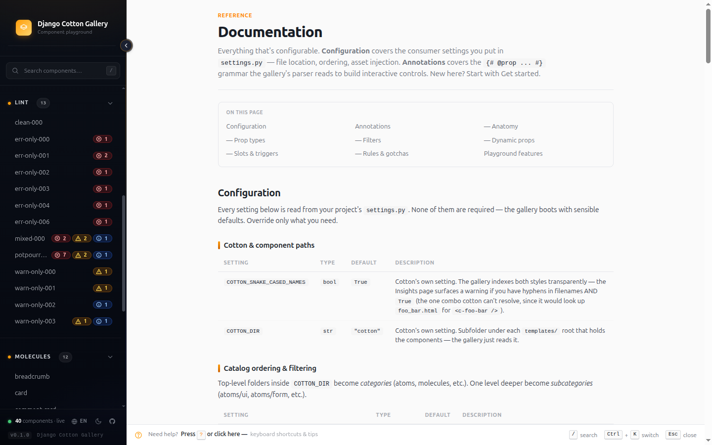In-app documentation page — configuration, annotations and playground reference