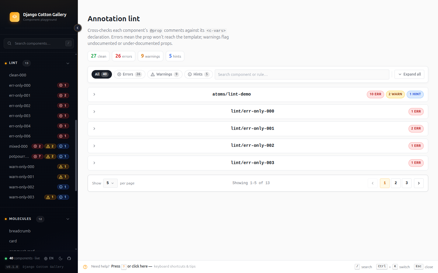 Lint report with severity filters and per-component badges