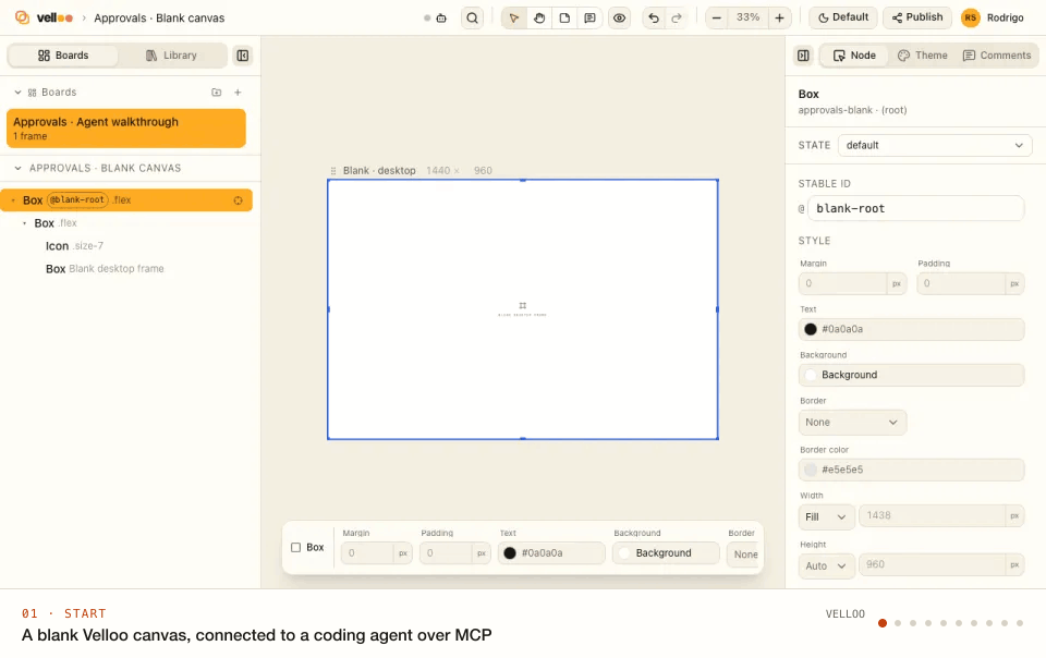 A coding agent designs an approval inbox in Velloo: three directions, a refinement, canvas and Velloo Cloud comments it resolves, and the implemented screen