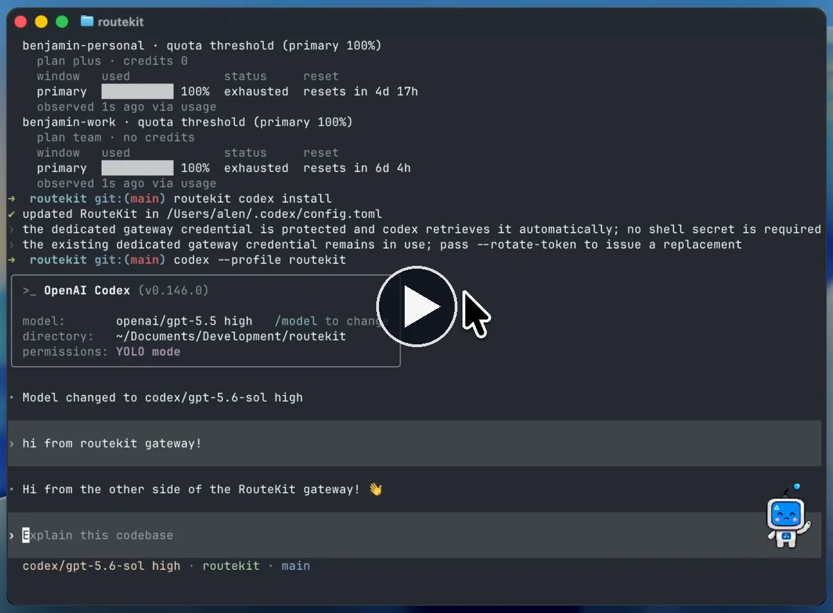 RouteKit routing a Codex session through the gateway