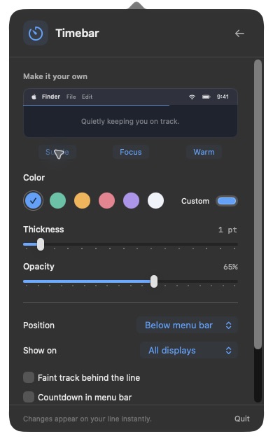 Timebar appearance settings with the blue Subtle preset, 1 pt thickness, and 65% opacity