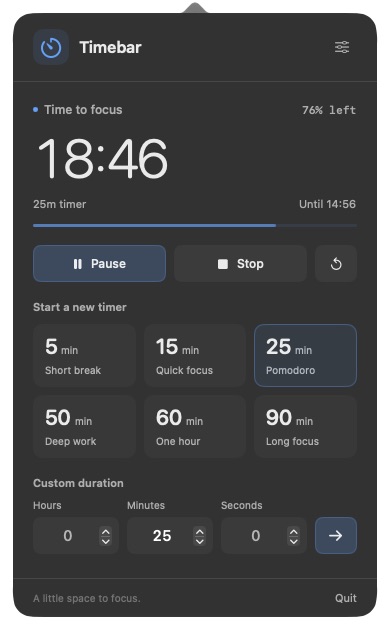 Timebar timer controls showing the remaining time, progress, presets, and custom duration fields