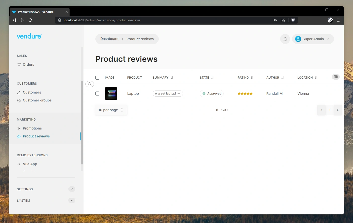 Screenshot of the Admin UI product details page with reviews