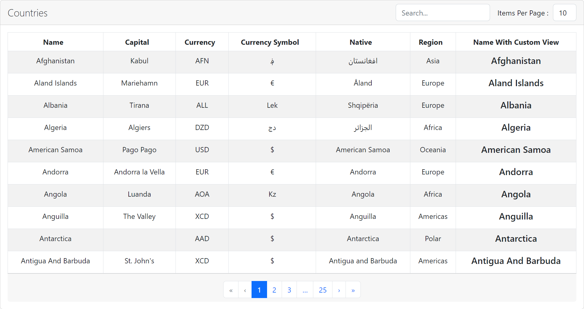 React Data Table example screenshot