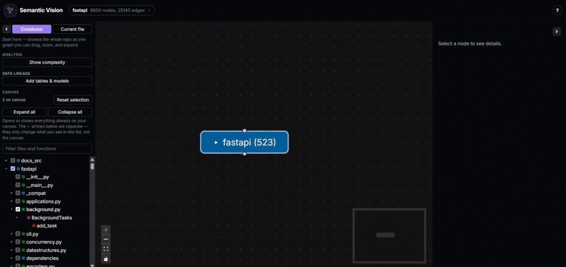 Interactive call graph with a selected node and its callers highlighted