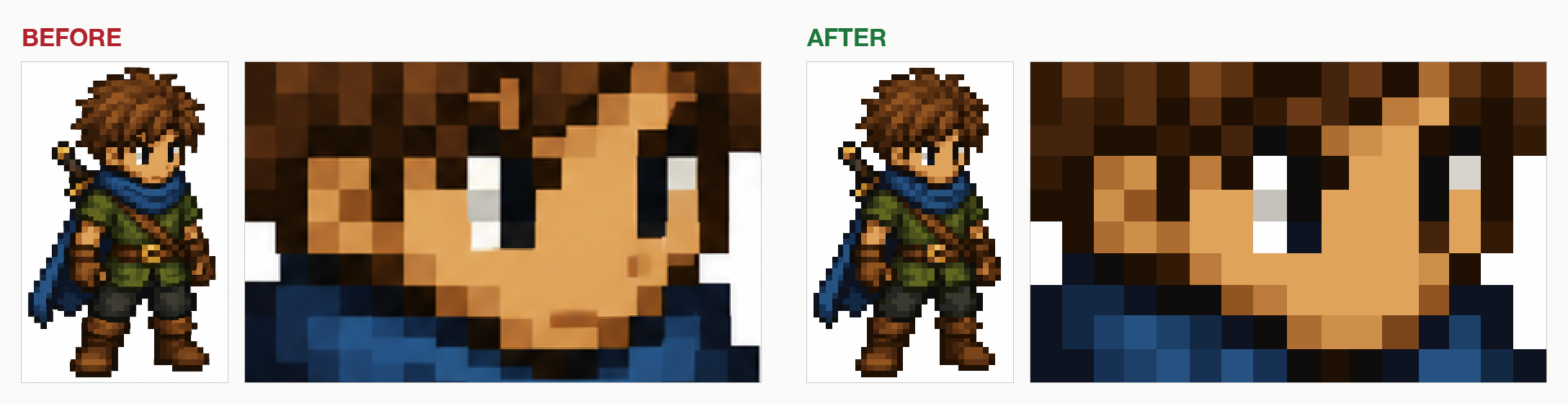 AI pixel art before and after restoration: blurry and uneven on the left, crisp true pixels on the right