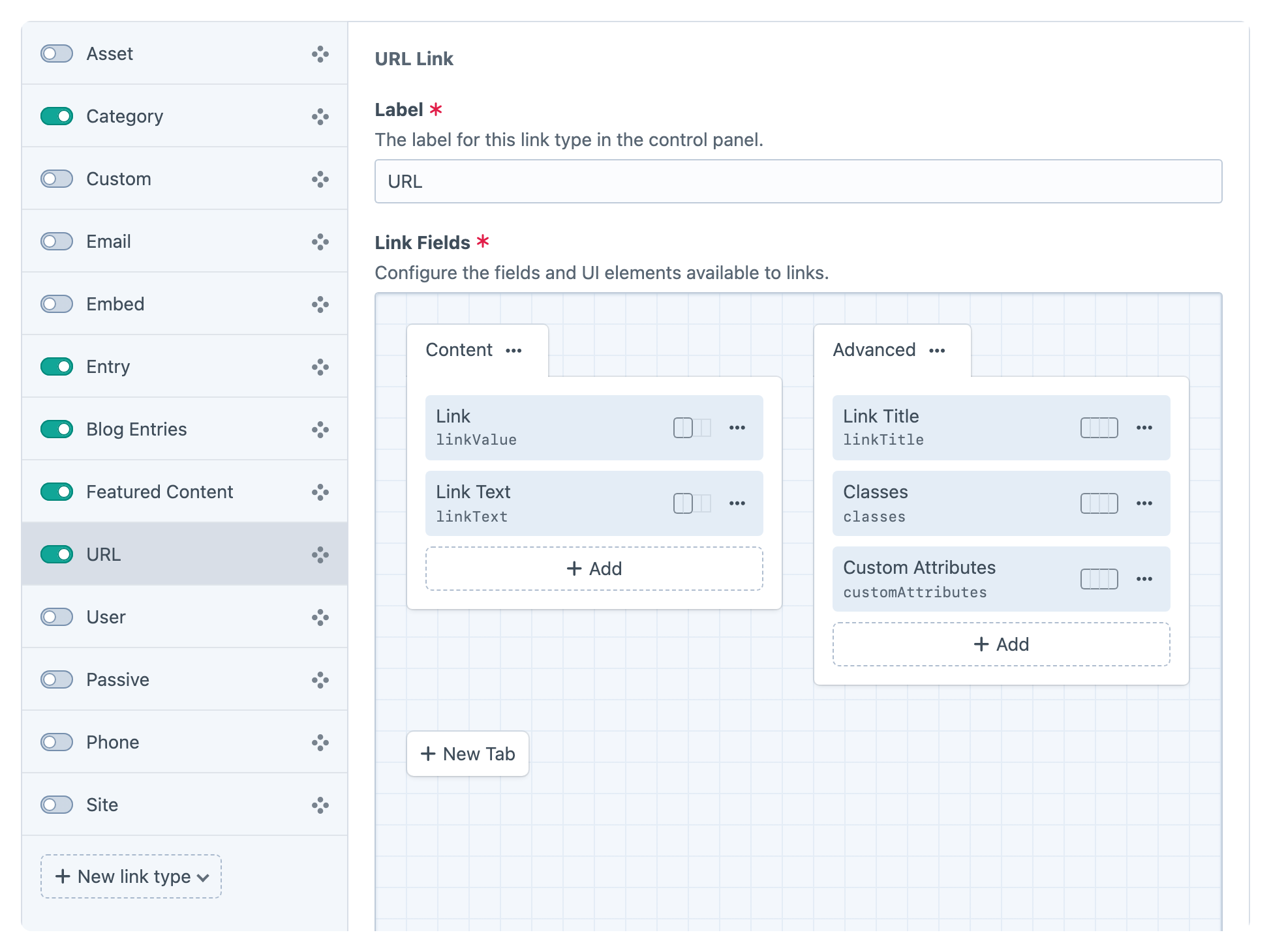 Hyper field settings with link types and URL field layout
