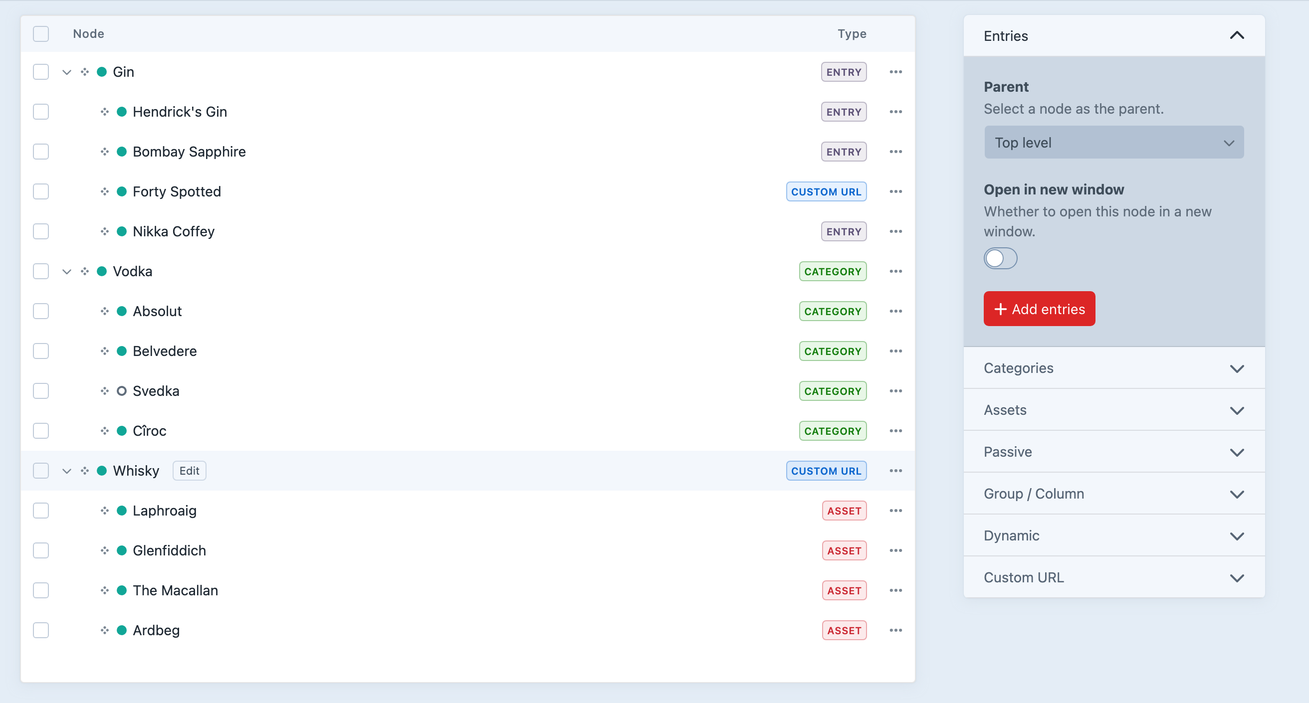 Navigation menu builder with nested entry, category, custom URL, and asset nodes.