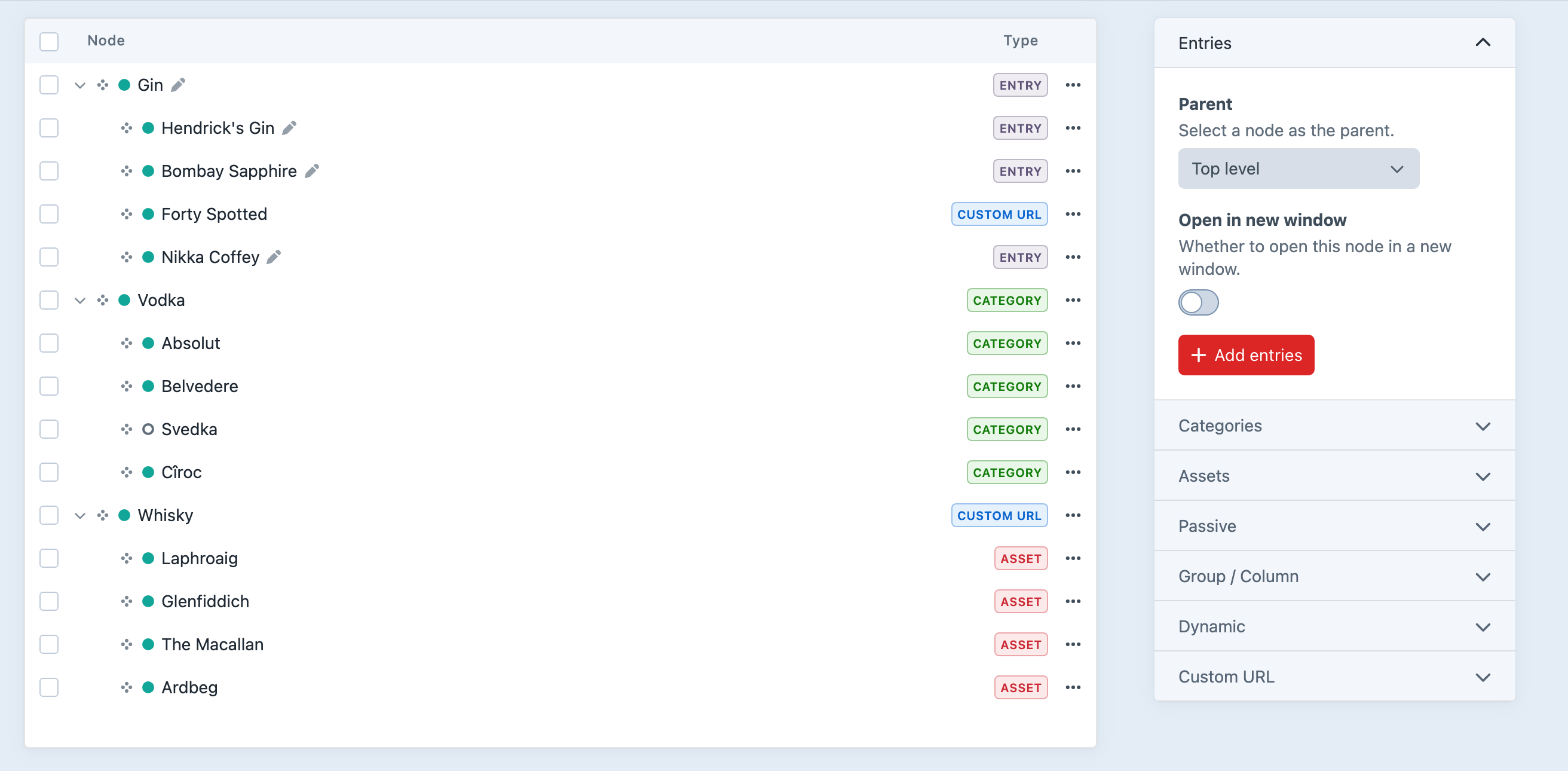 Navigation menu builder with nested entry, category, custom URL, and asset nodes.