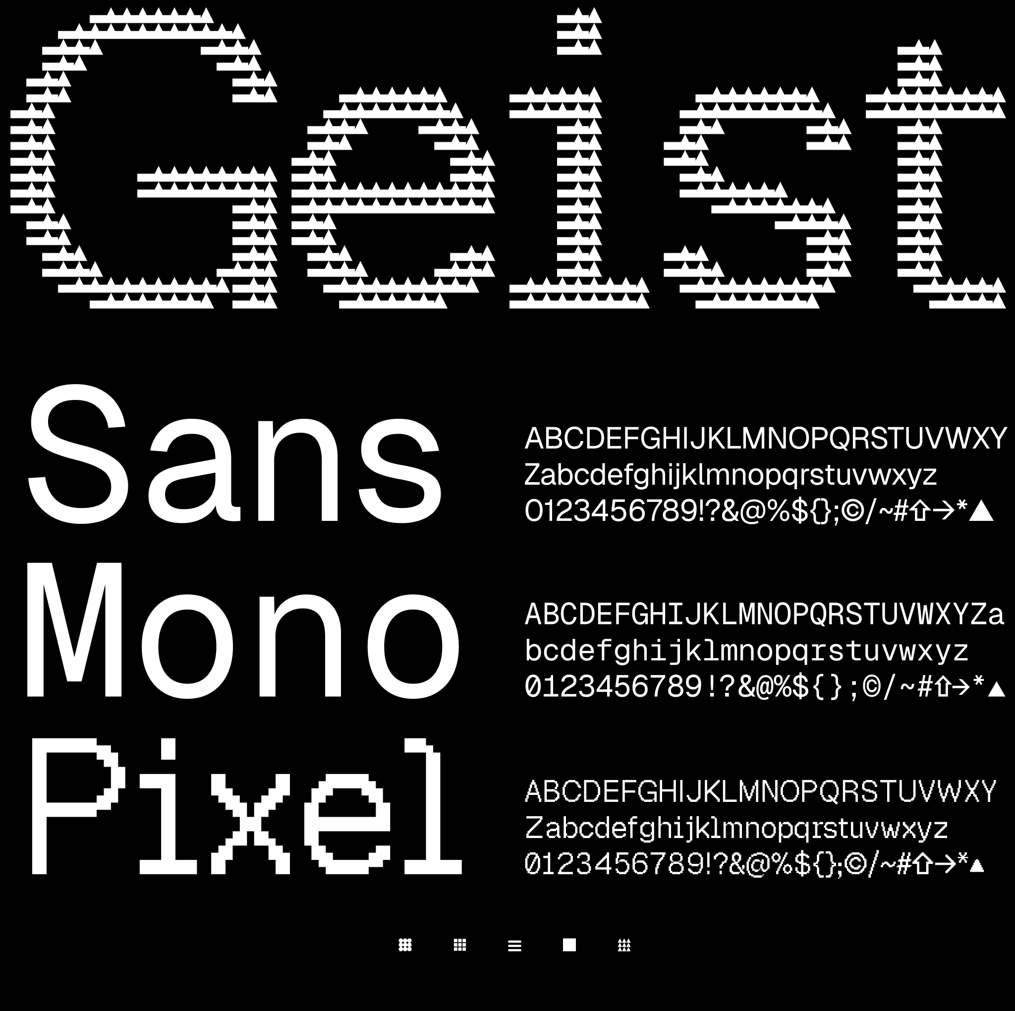 The word "Geist" written as ASCII art using triangular patterns. Below are three font specimens: Sans - A modern sans-serif typeface showing the alphabet in uppercase and lowercase, numbers, and symbols including punctuation and special characters. Mono - A monospaced typeface displaying the same character set with fixed-width spacing ideal for coding. Pixel - A pixelated bitmap-style typeface showing the complete alphabet, numbers, and symbols with a retro digital aesthetic. At the bottom are five icons representing different geometric patterns or grid styles.