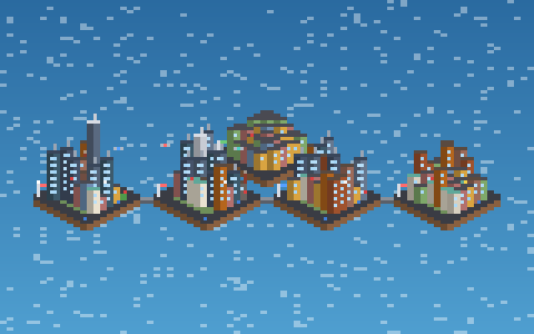 The map: five project cities as islands in the sea, from a big skyline down to a few houses