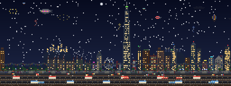 The city at night: lit windows, stars, a flying saucer and the first fireworks