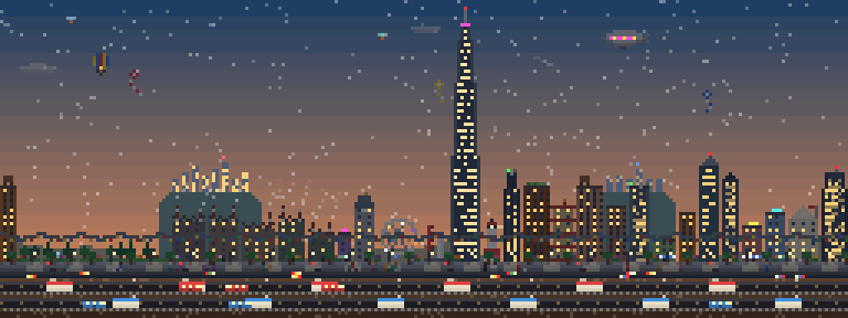 A day in Code City: the sun rises over a skyline with a supertall, a Ferris wheel and a rocket pad, then night falls and fireworks go off