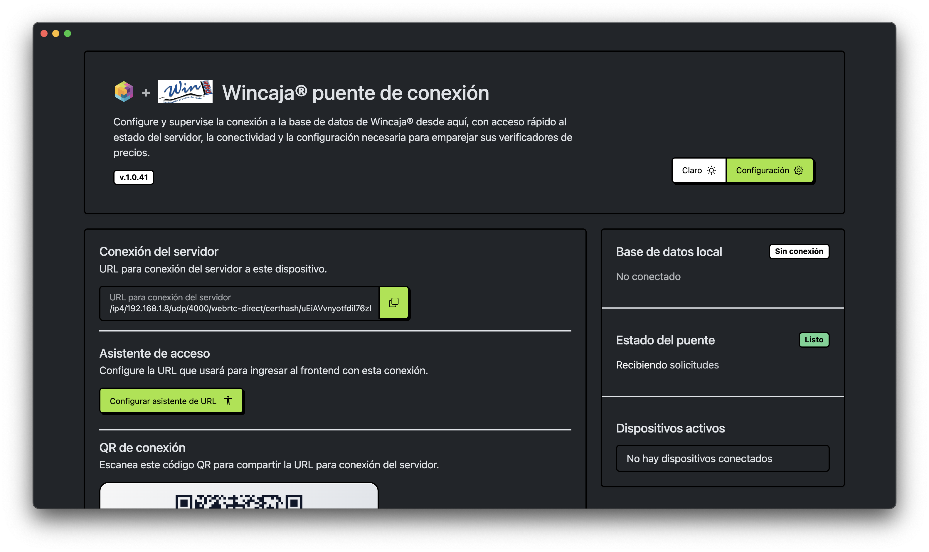 Panel principal de Wincaja puente de conexión POS