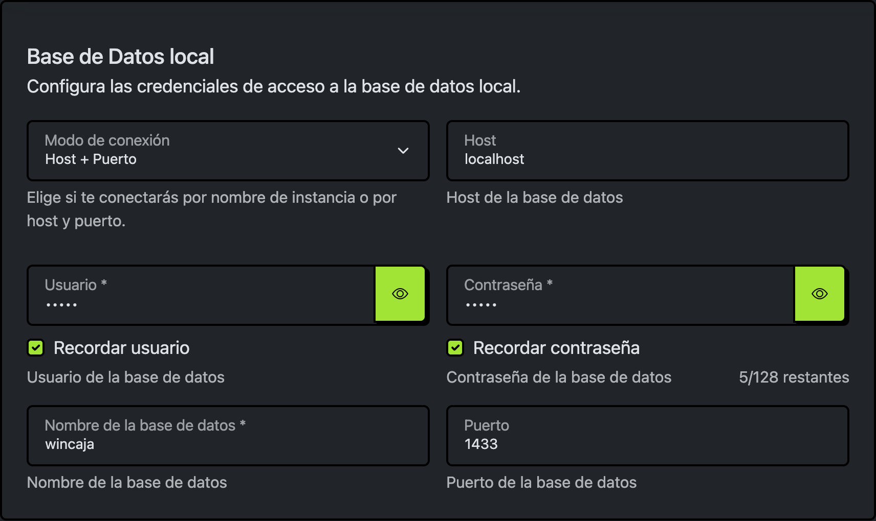 Configuración de conexión por host y puerto para Wincaja®