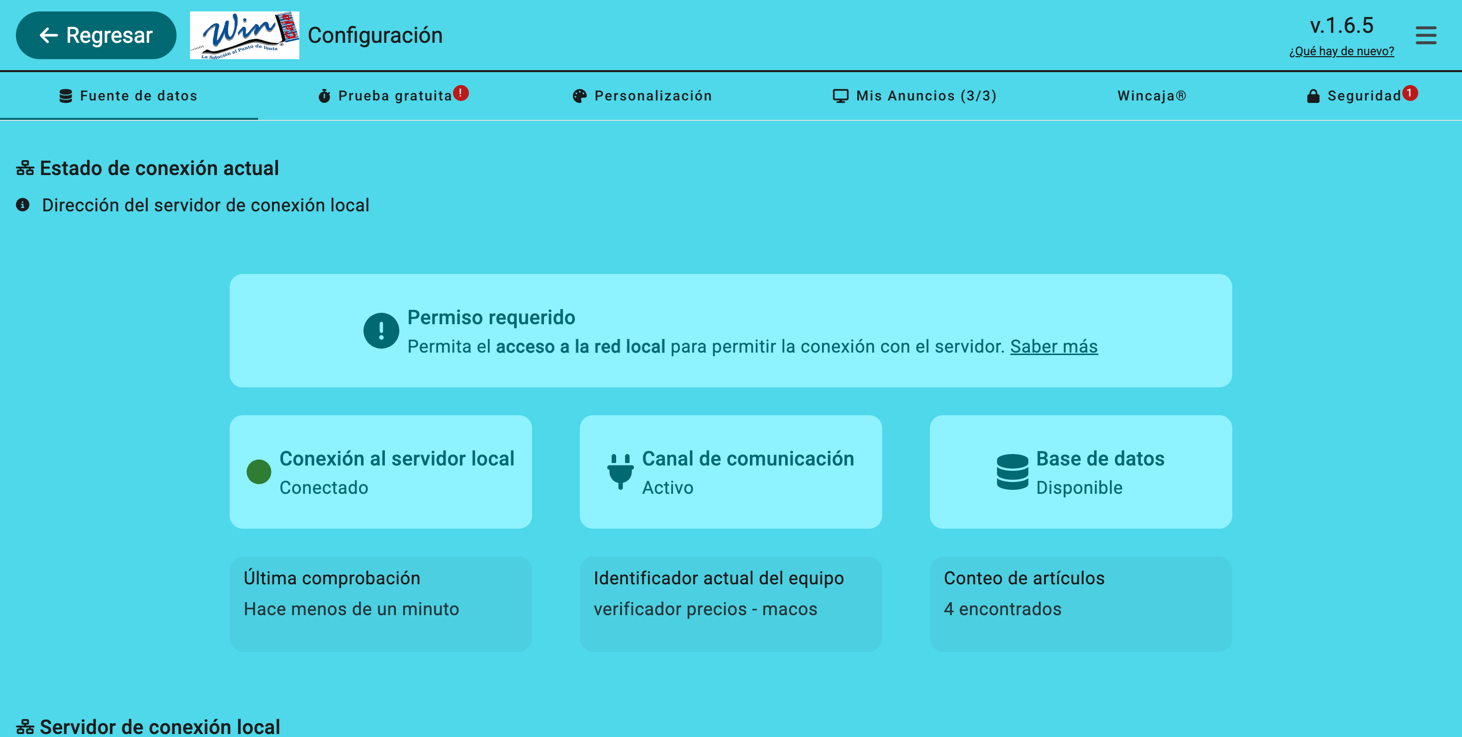 Emparejamiento confirmado entre Wincaja® y el Verificador de Precios