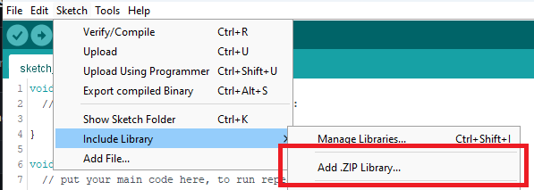 Arduino IDE > Sketch > Include Library > Add .ZIP Library
