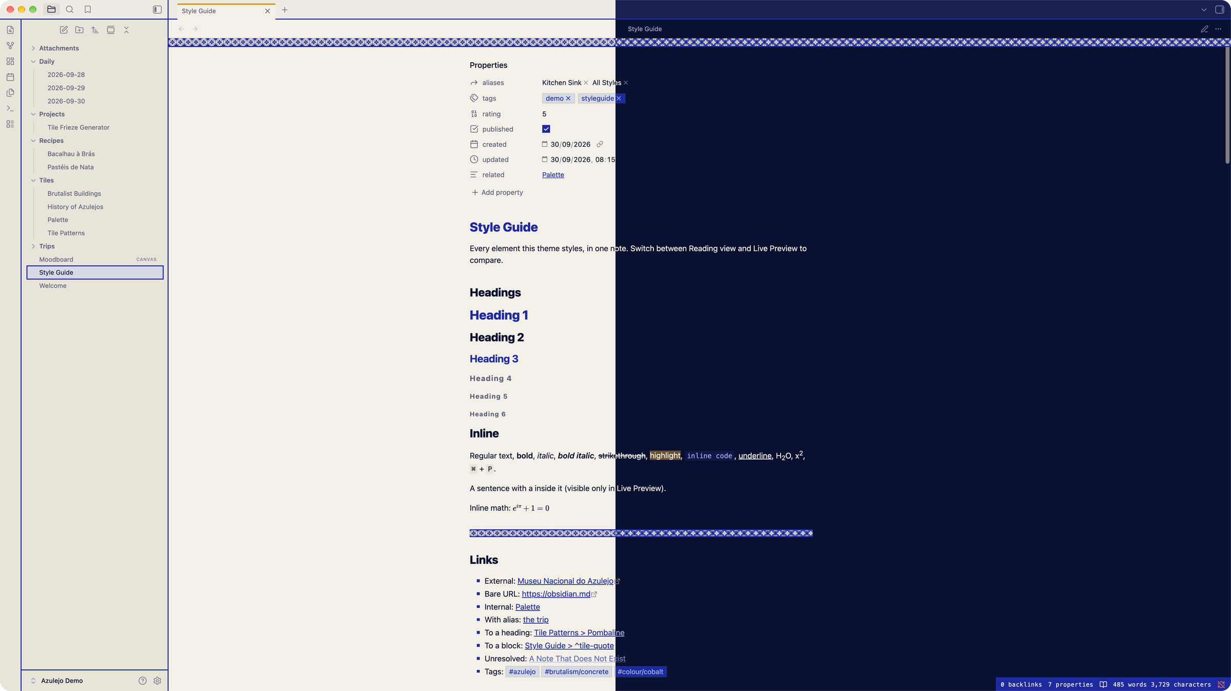Azulejo Brutalism on desktop, light on the left and dark on the right