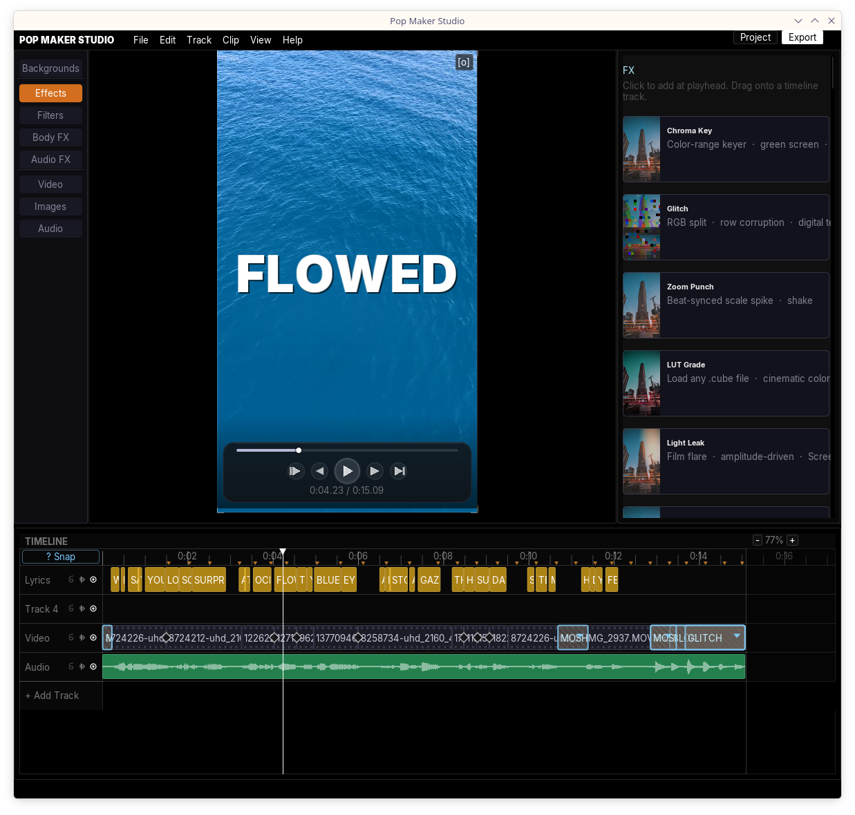 FLOWED lyric over ocean with FX panel