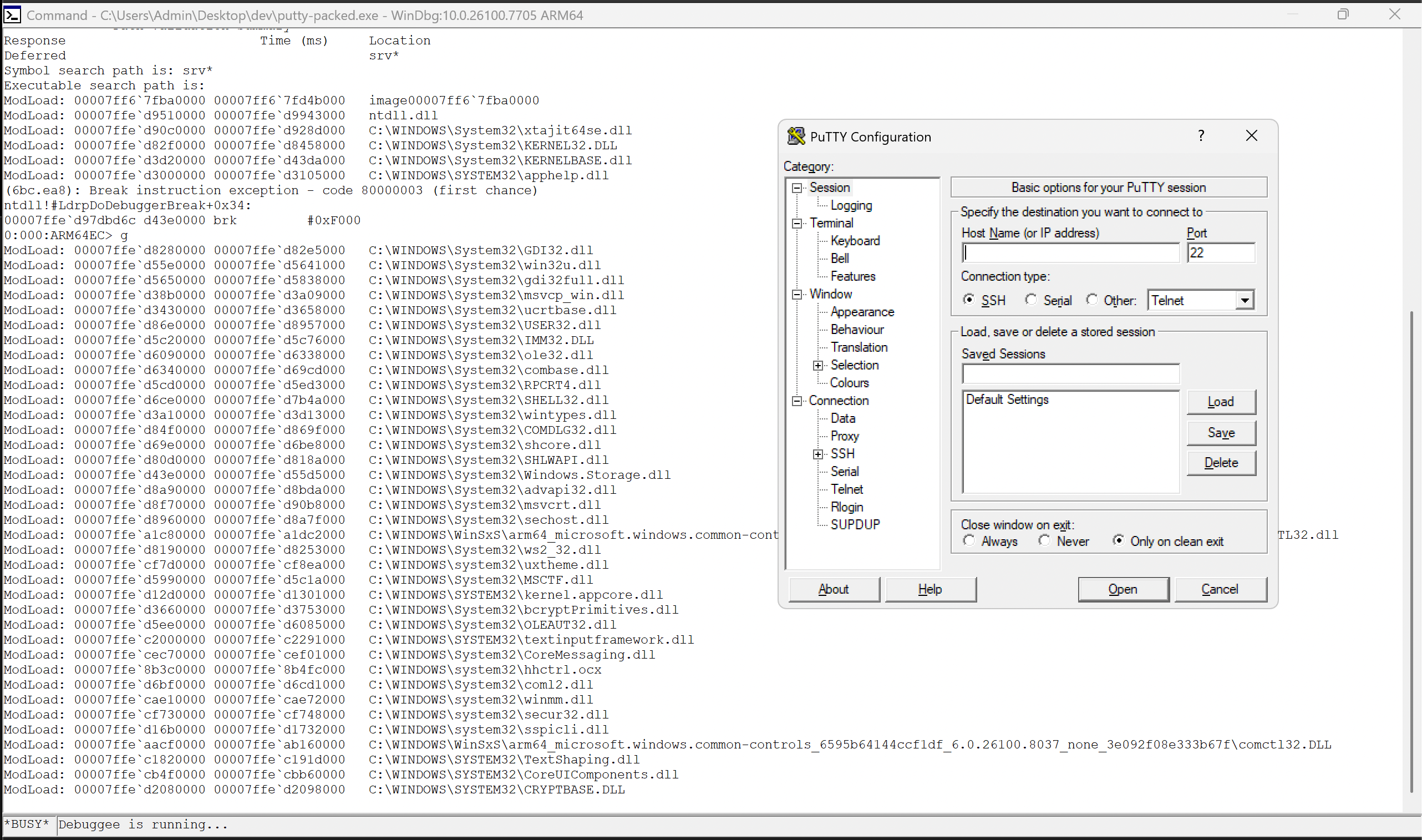 putty debugging output