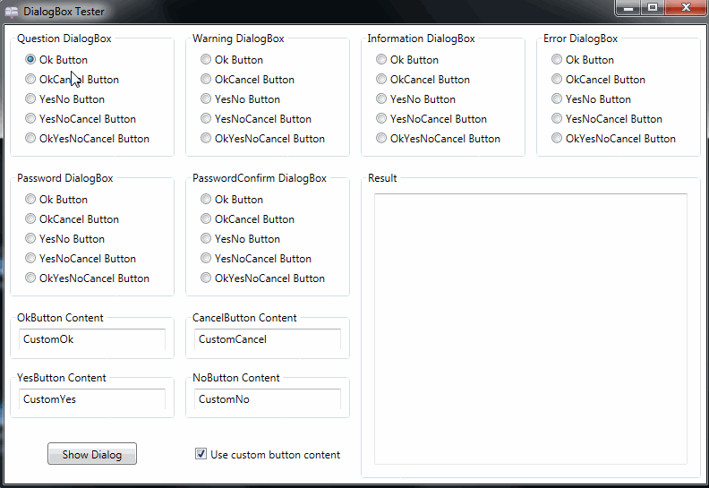 Typical dialog boxes with custom buttons