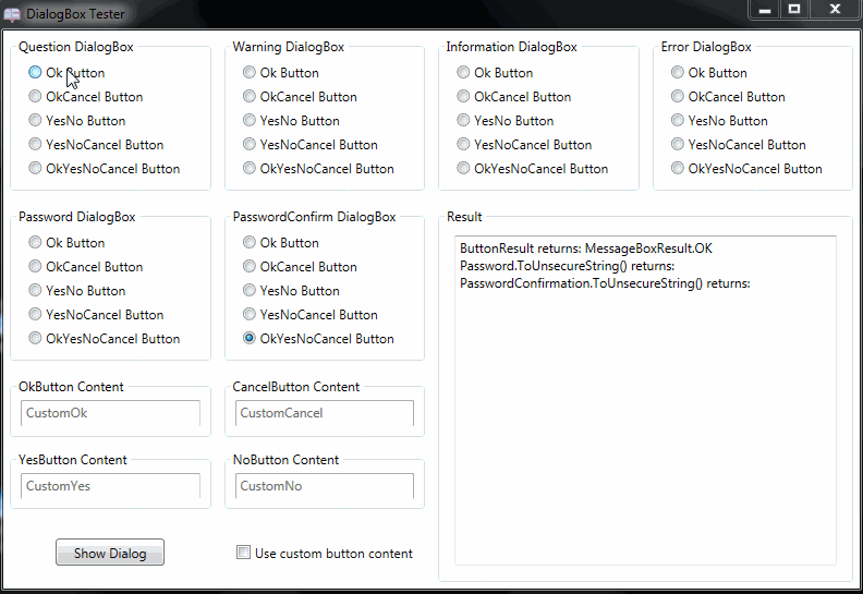 Typical dialog boxes with standart buttons