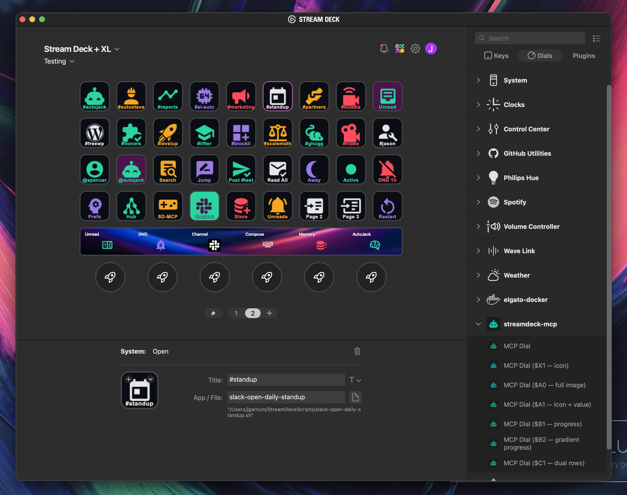 A Stream Deck + XL profile showing a Slack control board with around thirty themed buttons, color-coded icons, and six configured dials in the touch strip — all auto-generated by Claude Desktop from a single prompt.