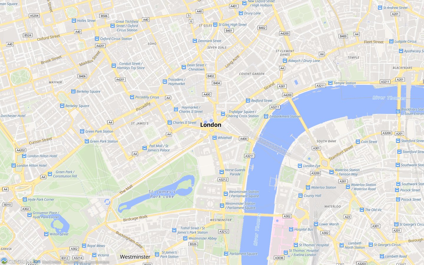 London streets, icons, and labels rendered in Cesium 2D