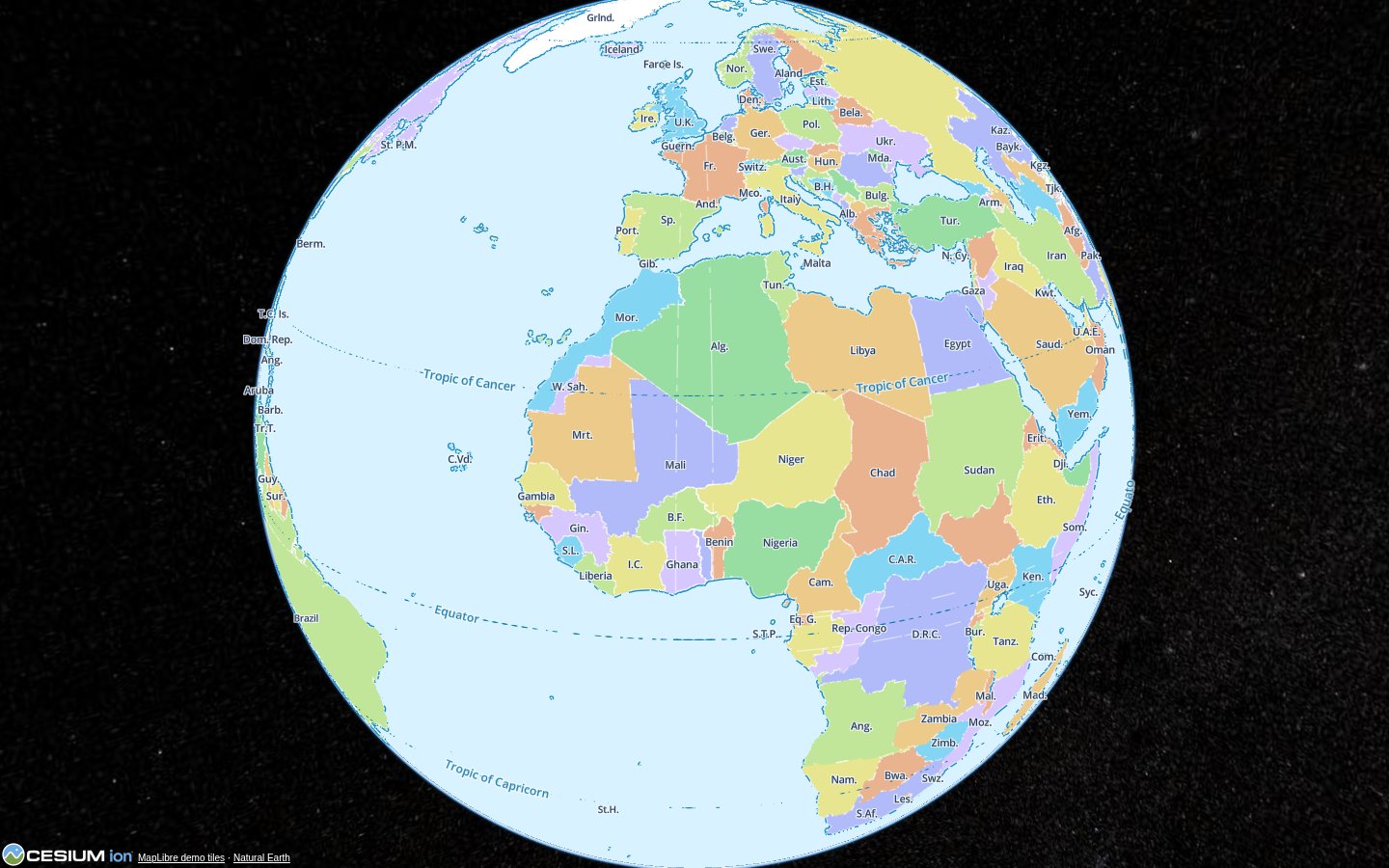 MapLibre vector tiles rendered on the Cesium globe