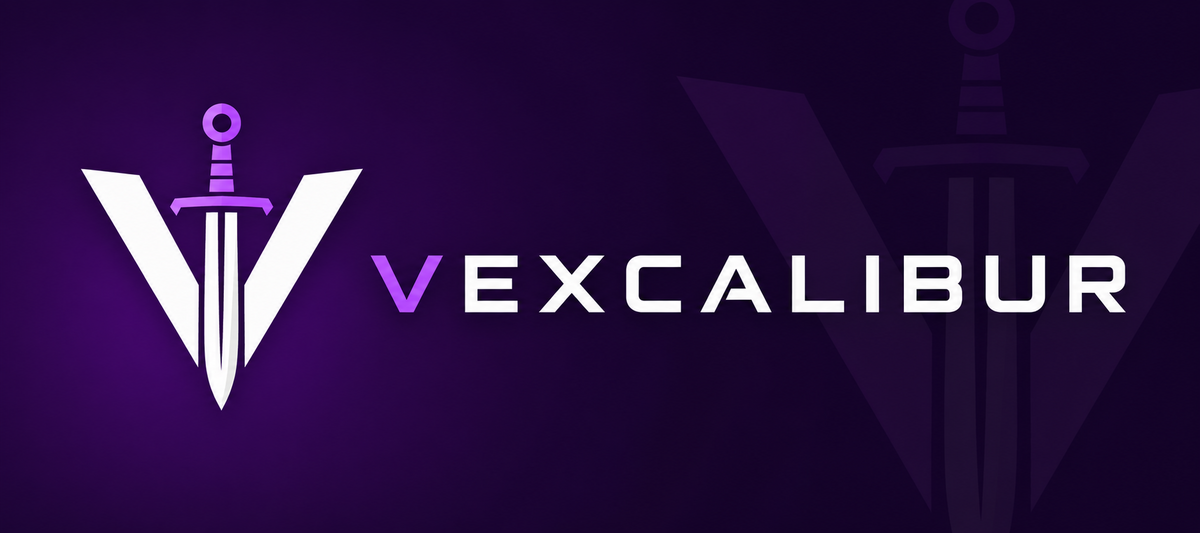 Vexcalibur 字标,字母 V 由一把剑构成