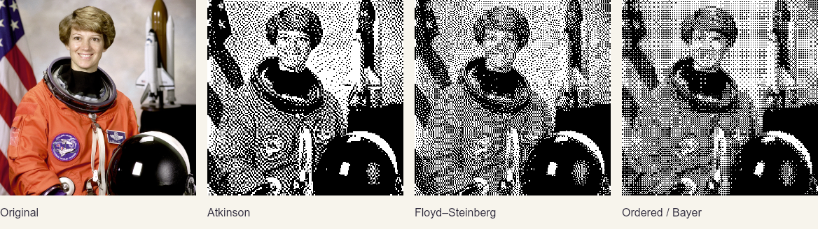 NASA portrait processed with Atkinson, Floyd–Steinberg, and ordered Bayer dithering
