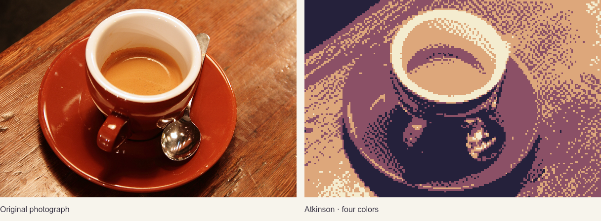 Coffee photograph beside actual Atkinson output using four colors