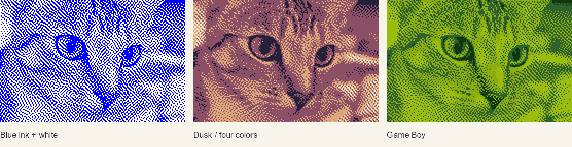 The same cat rendered in monochrome blue, dusk, and Game Boy palettes