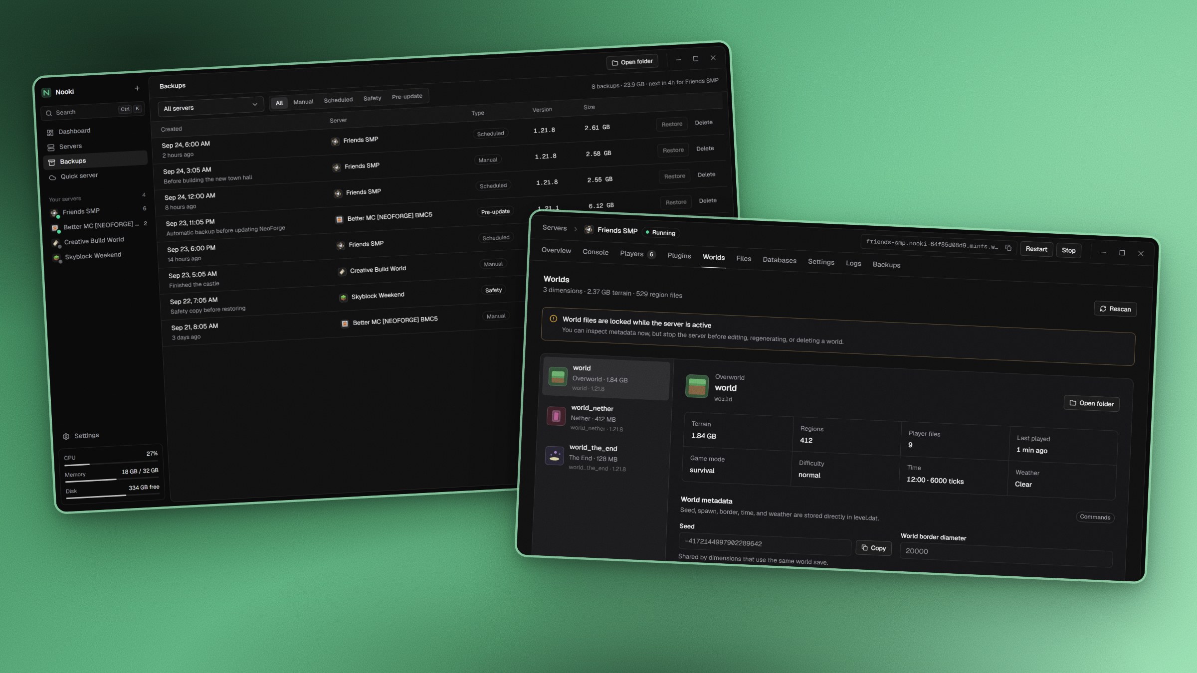 Backups list and the worlds tab