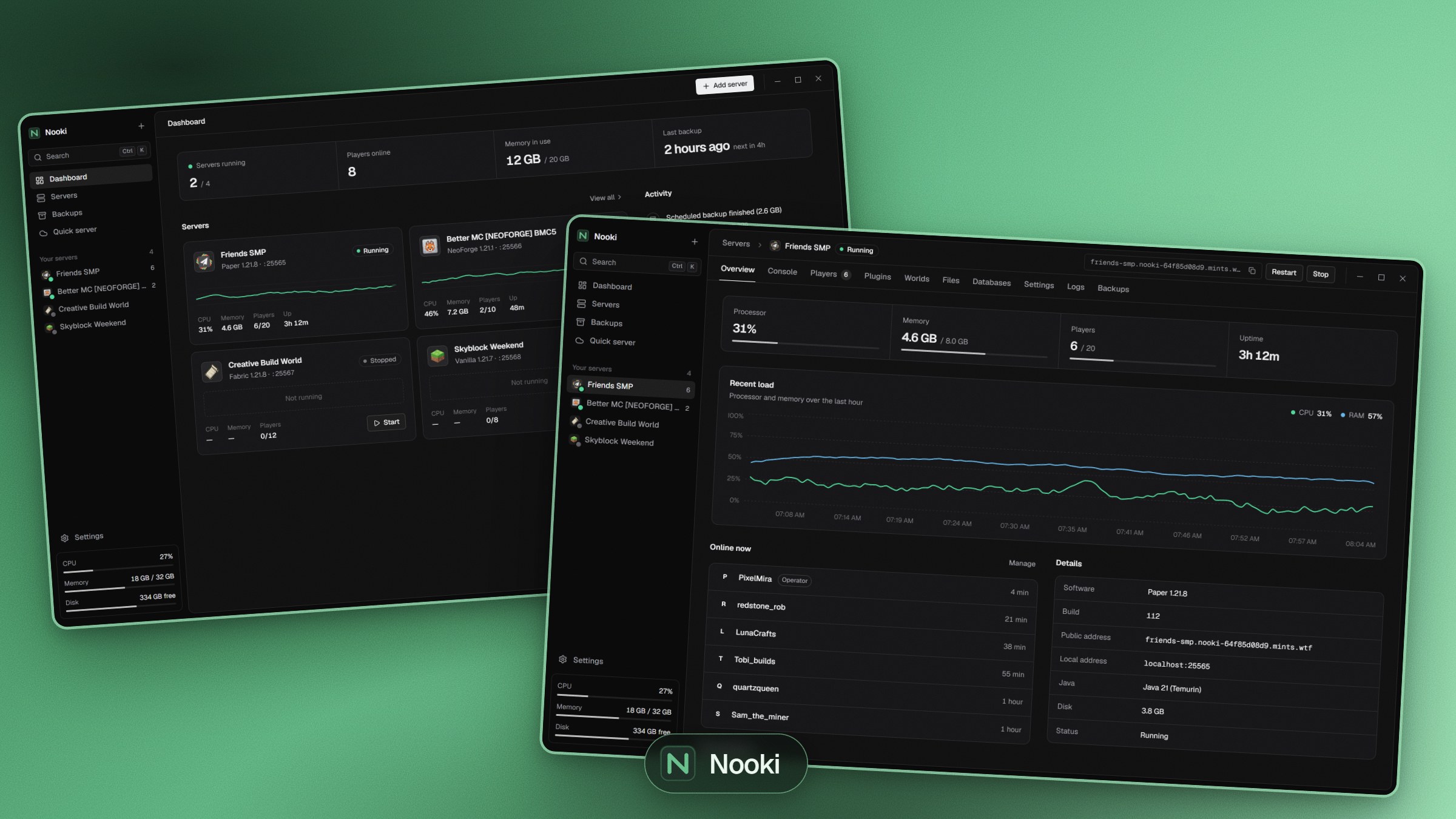 Nooki showing the dashboard and a running server