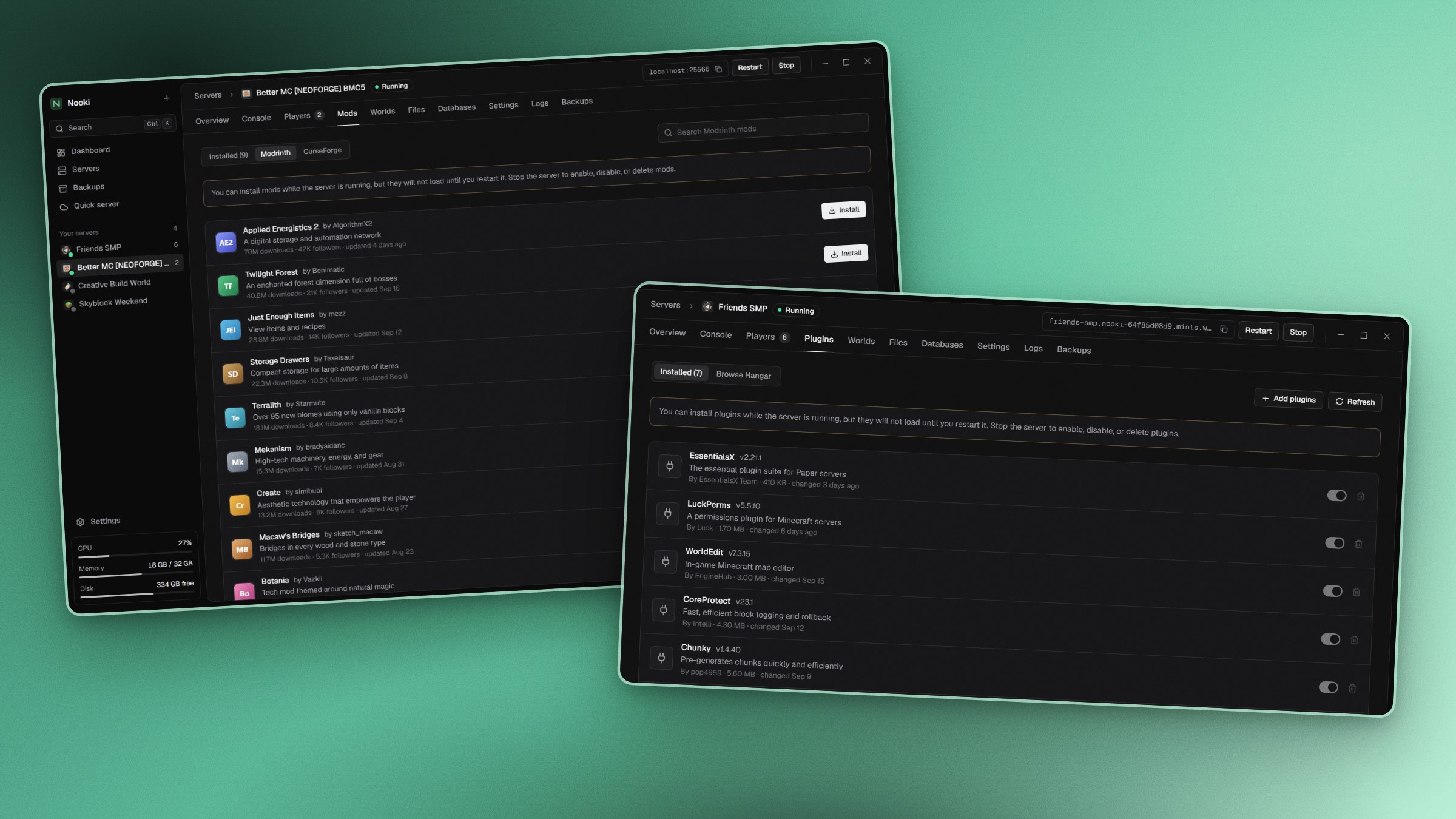 Browsing mods from Modrinth and managing installed plugins