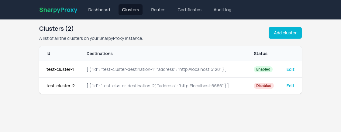 SharpyProxy dashboard cluster management page