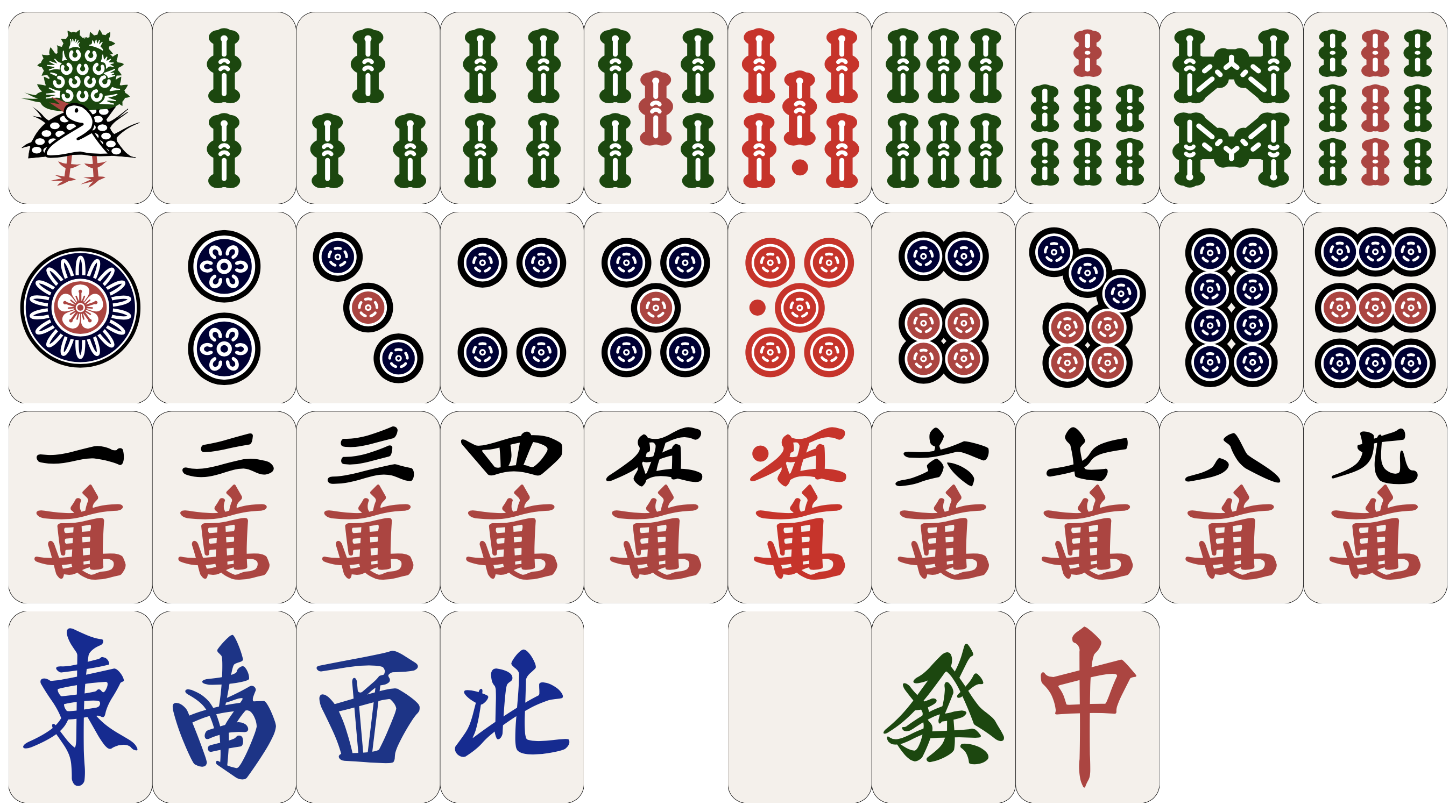 A display of all tiles used for Riichi Mahjong