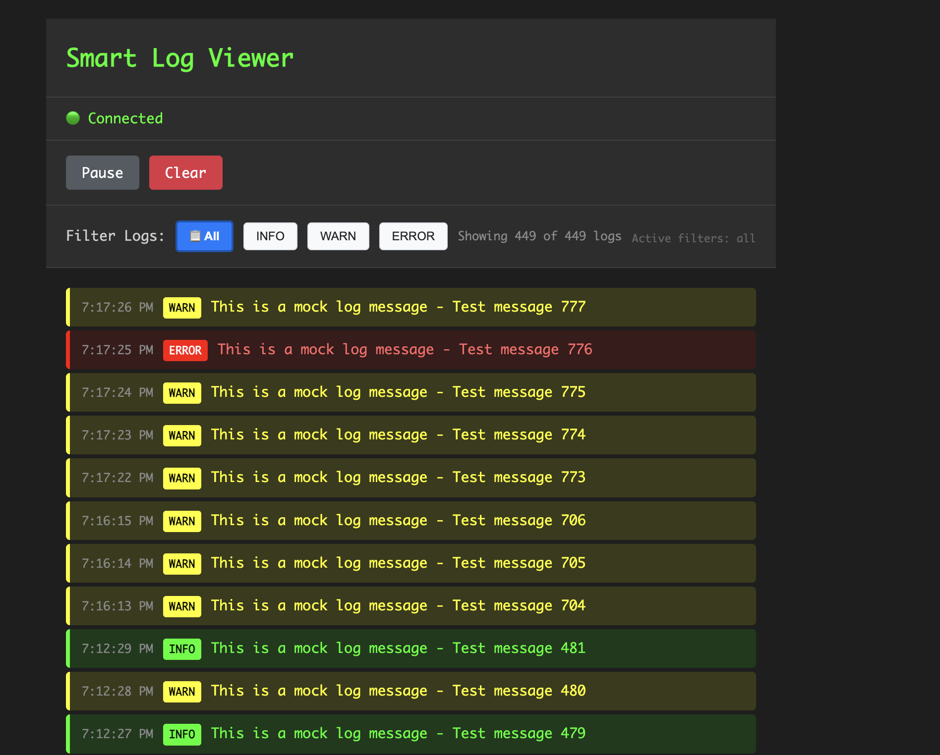 Smart Log Viewer main interface streaming colour-coded log lines